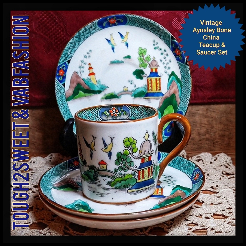 VINTAGE AYNSLEY BONE CHINA TEACUP AND SAUCER SET~ THE "ORIENTAL BRIDGE PATTERN"